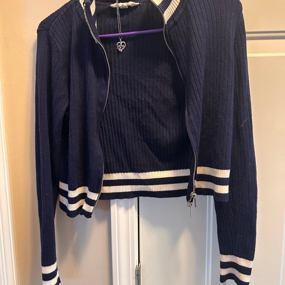 Navy and White Striped Zip-Up Sweater